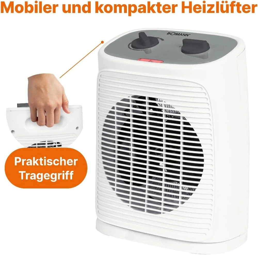 Bomann® hl 6064 cb ventiliatorinis šildytuvas su ventiliatoriaus funkcija, elektrinis šildytuvas su nuolat reguliuojamu termostatu ir 2 šilumos nustatymais, osciliuojantis šildytuvas voniai, virtuvei, garažui