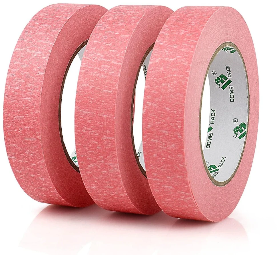 Bomei Pack 3 rožiniai dažytojų lipnios juostos ritinėliai 24 mm x 50 m premium krepinio popieriaus maskavimo juosta dažymui, rankdarbiams ir "pasidaryk pats" - profesionali dažytojų juosta, atspari Uv spinduliams, nepaliekanti likučių ir lengvai nuimama