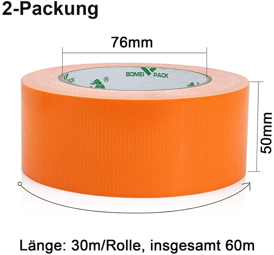 Bomei Pack oranžinė lipni juosta, atspari vandeniui, 50 mm x 30 m - 2 ritiniai, oranžinė lipni audinio juosta - audinio juosta - ypač stipri lipni juosta - lipni juosta - vandeniui atspari juosta