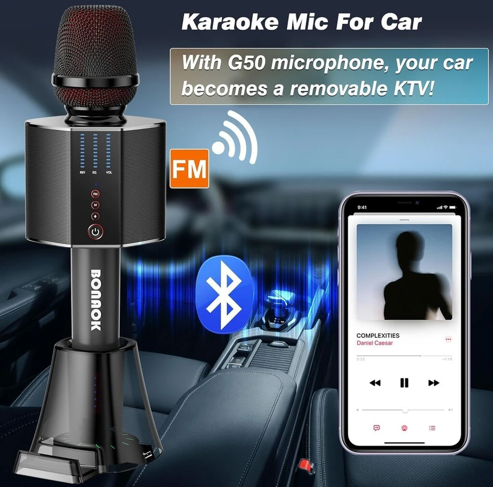 Bonaok Karaoke mikrofonas suaugusiems, nešiojama belaidė Bluetooth karaoke mikrofono sistema vakarėliams automobilyje, namuose, lauke, karaoke įranga kompiuteriui/visiems išmaniesiems telefonams G50, juodas