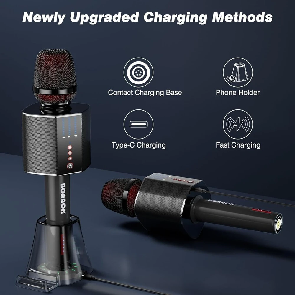 Bonaok Karaoke mikrofonas suaugusiems, nešiojama belaidė Bluetooth karaoke mikrofono sistema vakarėliams automobilyje, namuose, lauke, karaoke įranga kompiuteriui/visiems išmaniesiems telefonams G50, juodas