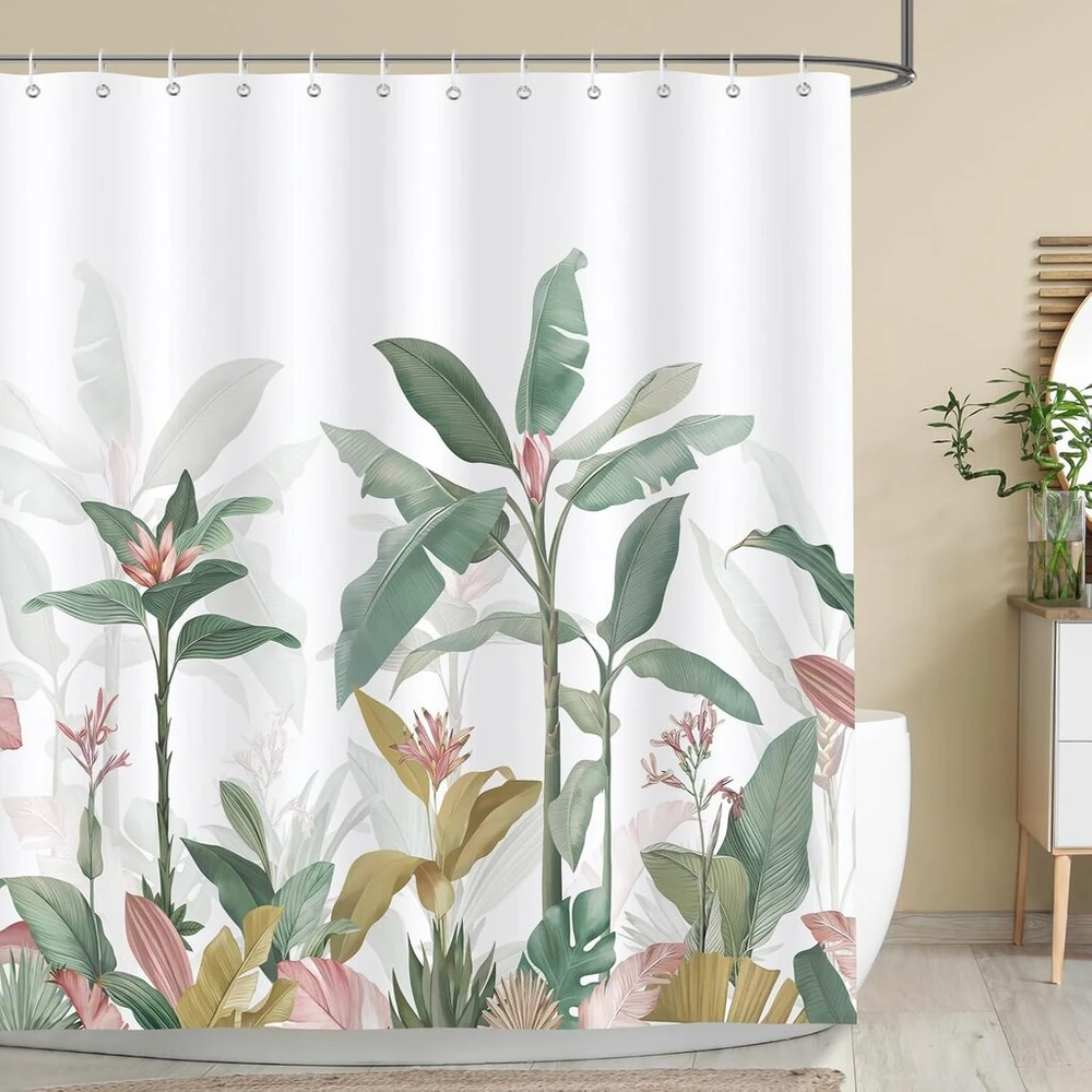 Bonhause dušo užuolaida 180 x 180 cm, atspari pelėsiui, tropinių lapų ir augalų dušo užuolaida, vandeniui atsparus poliesterio audinys, skalbiama vonios užuolaida voniai su 12 kabliukų