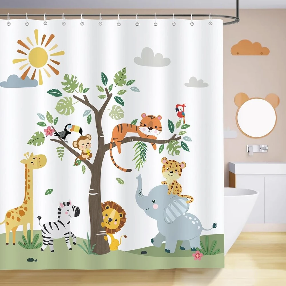 Bonhause dušo užuolaida vaikams su animaciniais gyvūnais žirafa dramblys 180 x 180 cm, atspari pelėsiui, vandeniui, pagaminta iš poliesterio audinio, skalbiama vonios užuolaida su 12 kabliukų