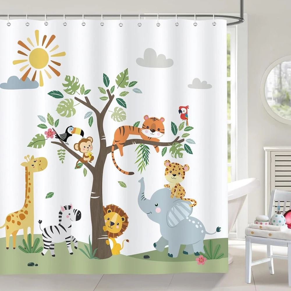 Bonhause dušo užuolaida vaikams su animaciniais gyvūnais žirafa dramblys 180 x 180 cm, atspari pelėsiui, vandeniui, pagaminta iš poliesterio audinio, skalbiama vonios užuolaida su 12 kabliukų
