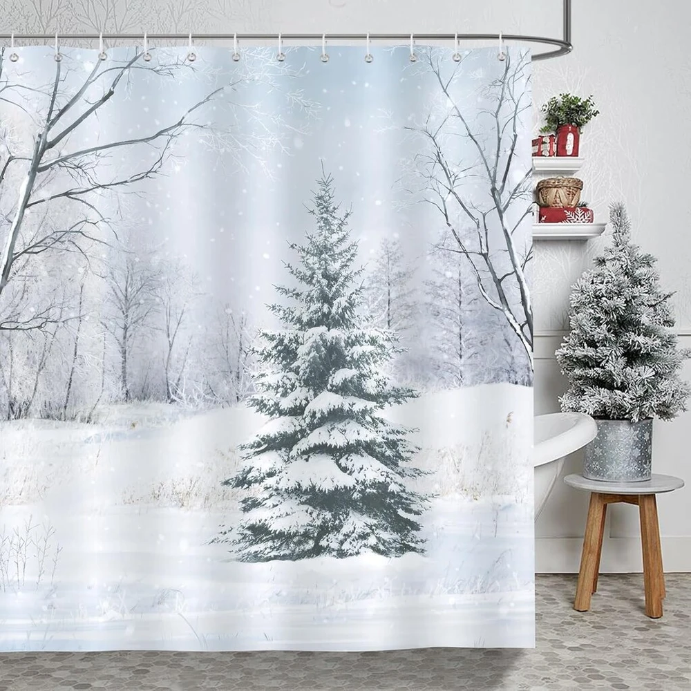 Bonhause dušo užuolaida žiemos miško pušų medis sniego peizažas kalėdinės dušo užuolaidos 180 x 180 cm atsparios pelėsiui vandeniui atsparus poliesterio audinys skalbiama vonios užuolaida voniai su 12 kabliukų