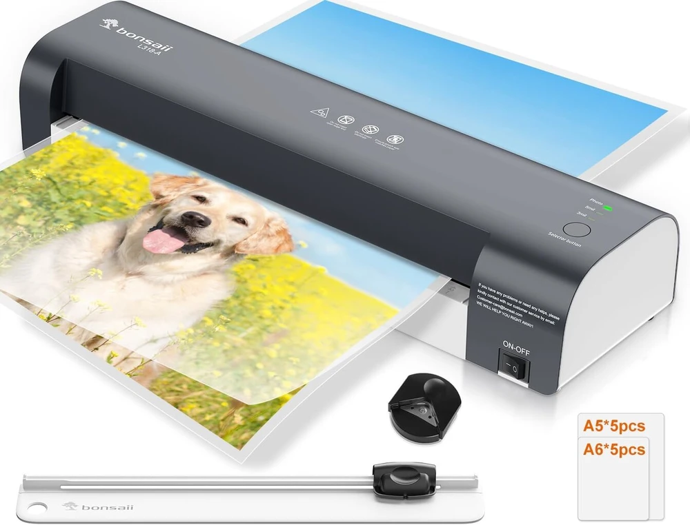 Bonsaii A3 laminatorius, technologija be strigčių, 5-in-1 rinkinys su 10 plėvelių, popieriaus pjaustytuvas ir kampų apvalintuvas, Ntc temperatūros kontrolė, iki 330 mm, laminavimas namams, biurui ir mokyklai (l318-a)