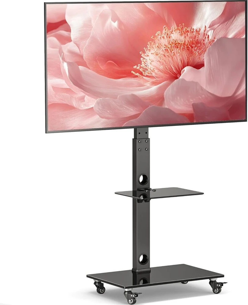Laikiklis Bontec tv stovas su ratukais 30-70 colių plazminiams/lcd/led ekranams iki 40 kg, 6 aukščio reguliavimo padėtys su 2 pakopų grūdinto stiklo lentynomis, max vesa 600 x 400 mm