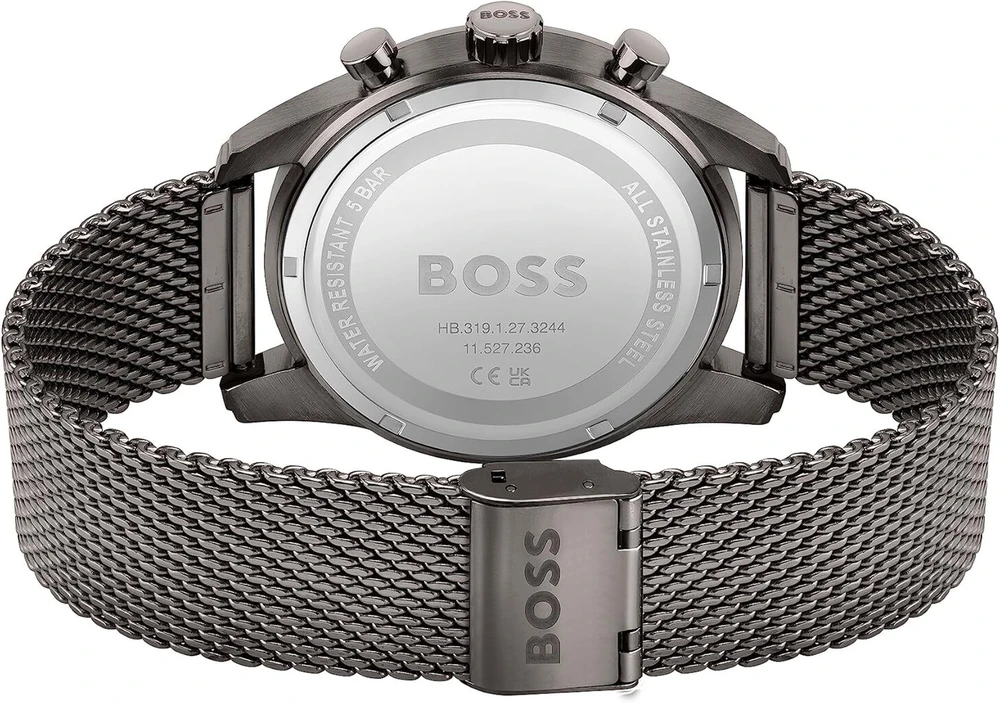 Laikrodis Boss Vyriškas Chronografas 44mm Pilkas Ciferblatas Nerūdijančio Plieno Tinklelio Apyrankė
