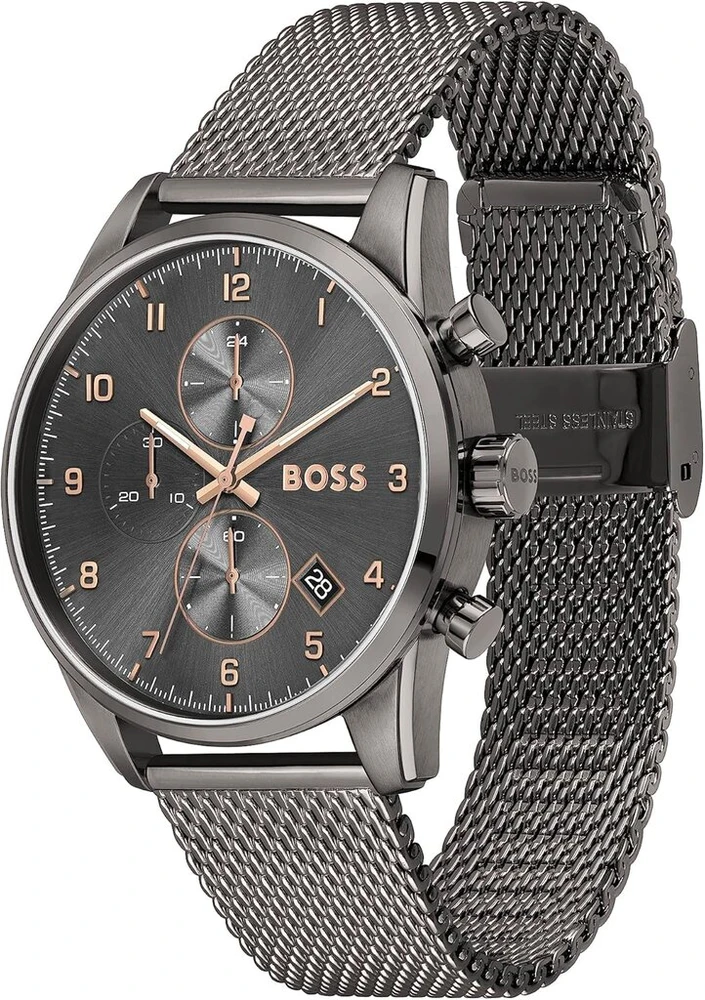 Laikrodis Boss Vyriškas Chronografas 44mm Pilkas Ciferblatas Nerūdijančio Plieno Tinklelio Apyrankė