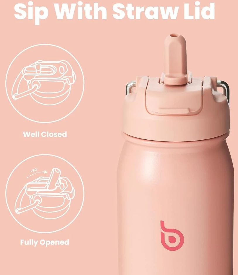 Bottlebottle nerūdijančio plieno gertuvė su šiaudeliu, rankena ir tablečių skyreliu, 709 ml, skirta mokyklai, izoliuota sportinė gertuvė (salmon)