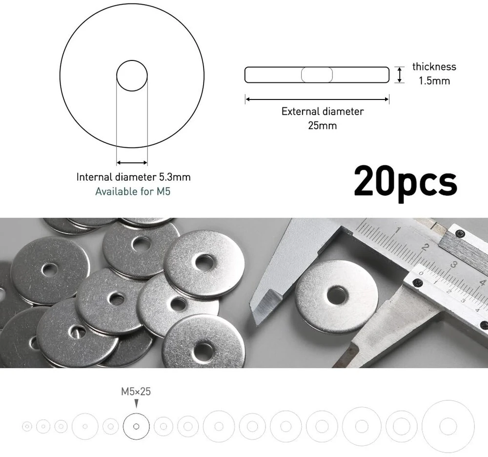 Boumvid poveržlės nerūdijančio plieno m5 x 25 mm, 20 vnt. pakuotė, 304 a2 v2a, didelės korpuso poveržlės din9021 / iso7093, metalinės poveržlės srieginiams strypams, veržlėms ir varžtams