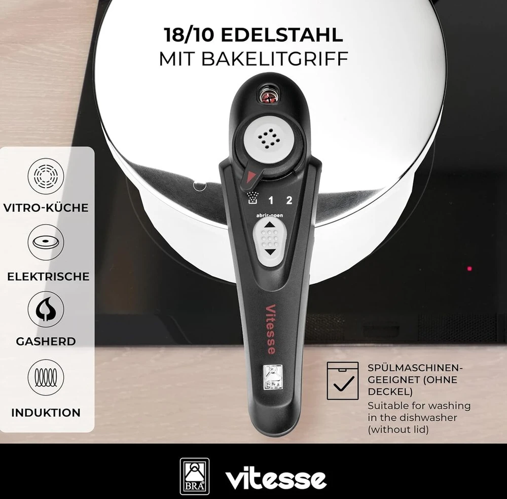 Bra Vitesse Duo 4 ir 7 litrų slėginis puodas, 18/10 nerūdijantis plienas, su 2 gaminimo programomis ir užrakinimo sistema, tinkamas visų tipų viryklėms