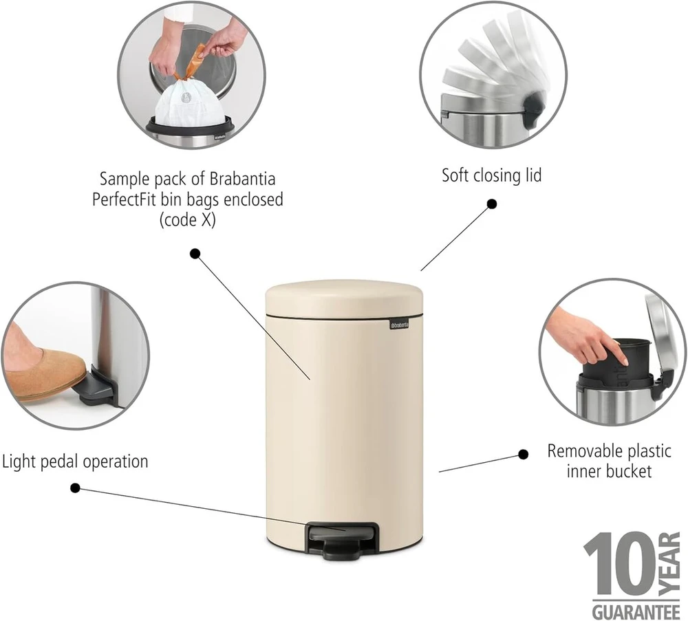 Brabantia Newicon pedalinis kibiras, 12 l, Soft rusvai gelsvas