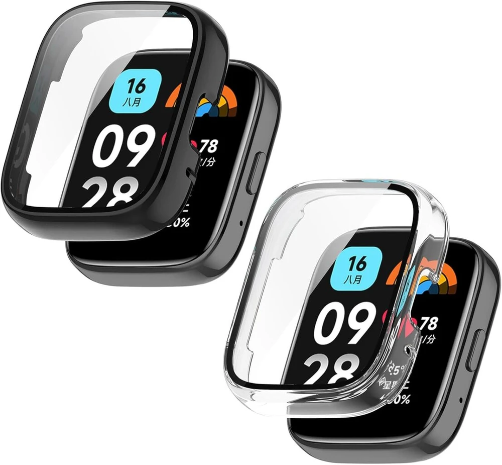 Braleto 2 dėklų rinkinys, suderinamas su Redmi Watch 3 Lite/redmi Watch 3 Active, visapusiška apsauga nuo įbrėžimų, smūgiams atsparus buferio dangtelis (juodas + skaidrus)