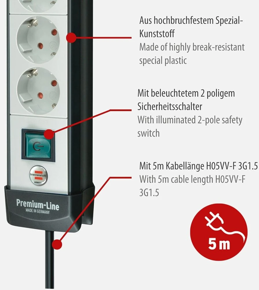 Brennenstuhl 6 lizdų prailgintuvas su jungikliu ir 5m kabeliu