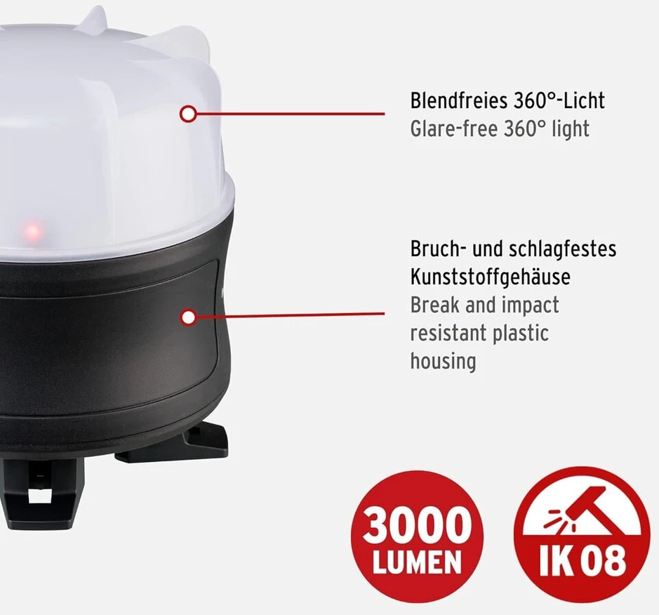 Brennenstuhl mobilus 360° led prožektorius / led statybinis prožektorius, darbo lemputė su ličio jonų baterija ir powerbank funkcija, maks. apšvietimo trukmė 12 valandų, led statybinė lemputė, skirta naudoti lauke, ip54