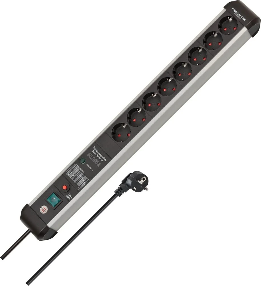 Brennenstuhl Premium Protect-line maitinimo juosta su 8 lizdais ir apsauga nuo viršįtampių 60 000 A (daugialypis lizdas su jungikliu ir 3 m kabeliu, pagaminta Vokietijoje) sidabrinė/juoda