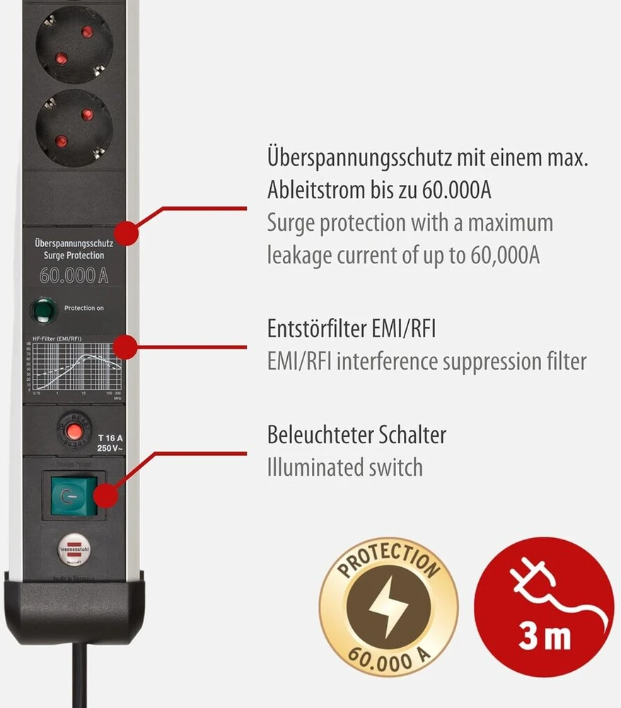Brennenstuhl Premium Protect-line maitinimo juosta su 8 lizdais ir apsauga nuo viršįtampių 60 000 A (daugialypis lizdas su jungikliu ir 3 m kabeliu, pagaminta Vokietijoje) sidabrinė/juoda