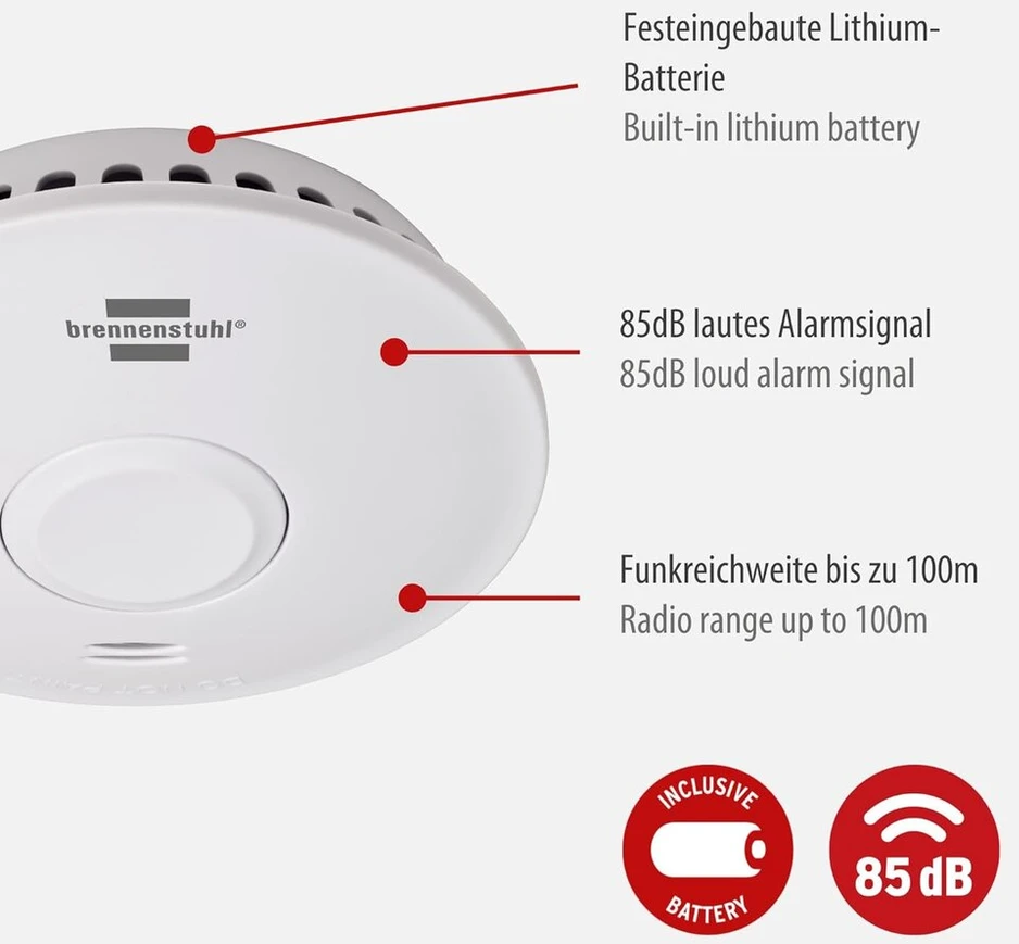 Brennenstuhl rm l 3101 belaidžiai dūmų detektoriai, 4 vnt. / tinkliniai dūmų detektoriai su baterija (sujungiami į tinklą iki 40 dūmų detektorių, su montavimo medžiagomis, išbandyti pagal