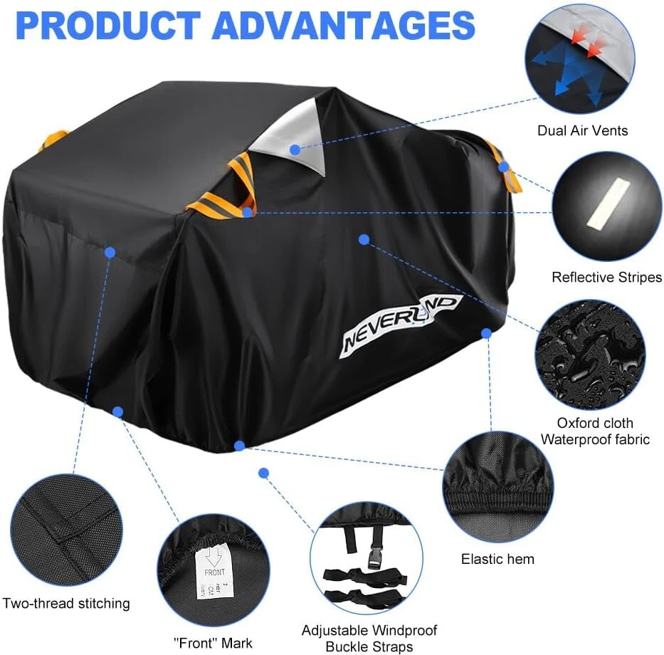Brezentas keturračiams waterproof neverland quad brezentas atv transporto priemonių keturračio uždangalas apsauginis uždangalas 210d oksfordo audinys su atšvaitinėmis juostelėmis atsparus žiemai dulkėms lietui uv apsauga 256 x 110 x 120 cm