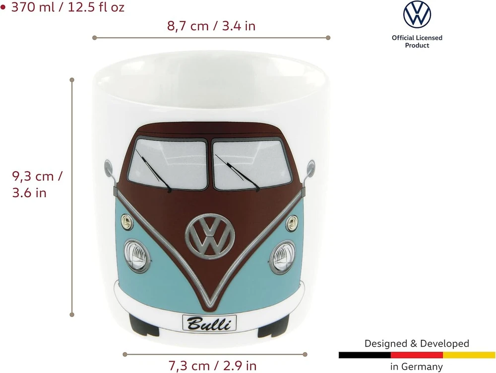 Brisa Vw Collection - didelis keramikinis kavos/arbatos/cappuccino puodelis Volkswagen T1 Bulli Bus dizaino (autobuso priekis/benzininė ir ruda)