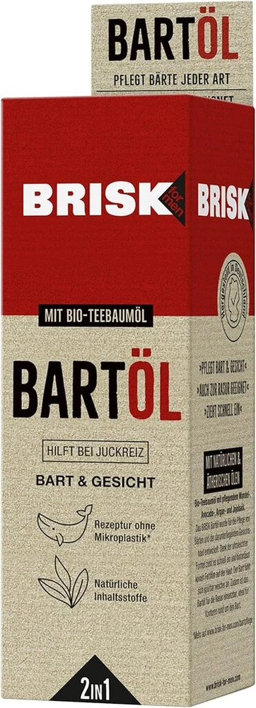Brisk 2-in-1 barzdos aliejus vyrams, 50 ml, barzdos priežiūra su ekologišku arbatmedžio aliejumi, greitai įsigeria, maitina odą ir minkština barzdos plaukus, neriebus, skirtas skutimuisi, veido priežiūrai