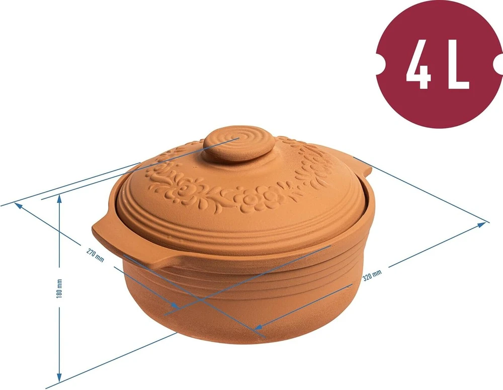 Browin® molinis kepimo indas pagamintas iš natūralaus molio ovalo formos 4 litrų | molinis kepimo indas-garintuvas | romėniškas molinis orkaitė | troškinimo indas kepimui be riebalų ir duonos bei pyragų kepimui | kepimo puodas (4