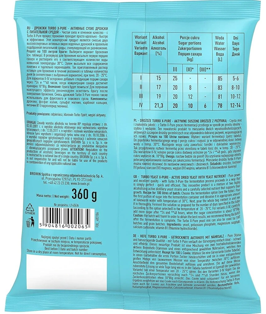Browin® Turbo X-pure 403106 mielės | distiliavimui | aukštos kokybės fermentacinės mielės iki 21,3% alkoholio per 48 valandas | 100 litrų ir 36 kg cukraus | 360 g
