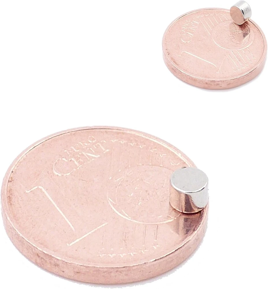 Brudazon 30 mini diskinių magnetų rinkinys 3 x 1 mm + 3 x 2 mm + 3 x 3 mm N52 stipriausių neodimio magnetų itin stiprus galios magnetas modelių gamybai, amatams, itin stiprus magnetinis diskas