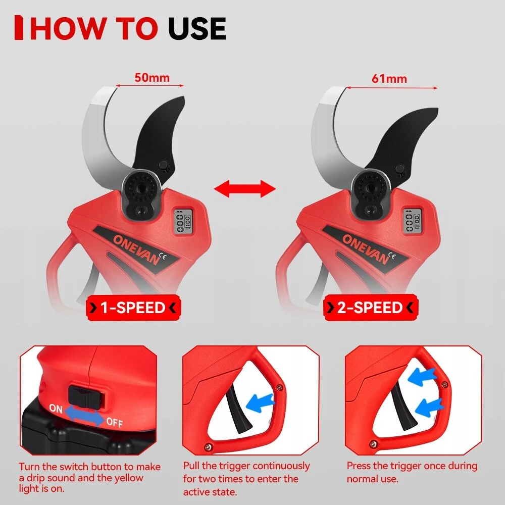 Brushless elektrinės genėjimo žirklės 50 mm 2 pavaros akumuliatorinės žirklės +2 akumuliatoriai