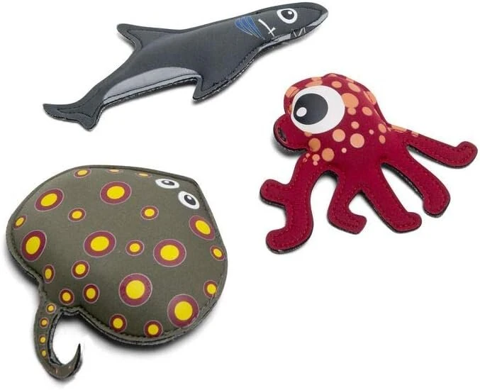 Bs Toys nardymo gyvūnai vaikams - ryklys, rajas ir kalmaras - vandens žaislas vaikams nuo 5 metų - spalvingi povandeniniai žaislai - neoprenu užpildyti smėliu paplūdimio gyvūnai - 21 x 2,5 x 14 cm