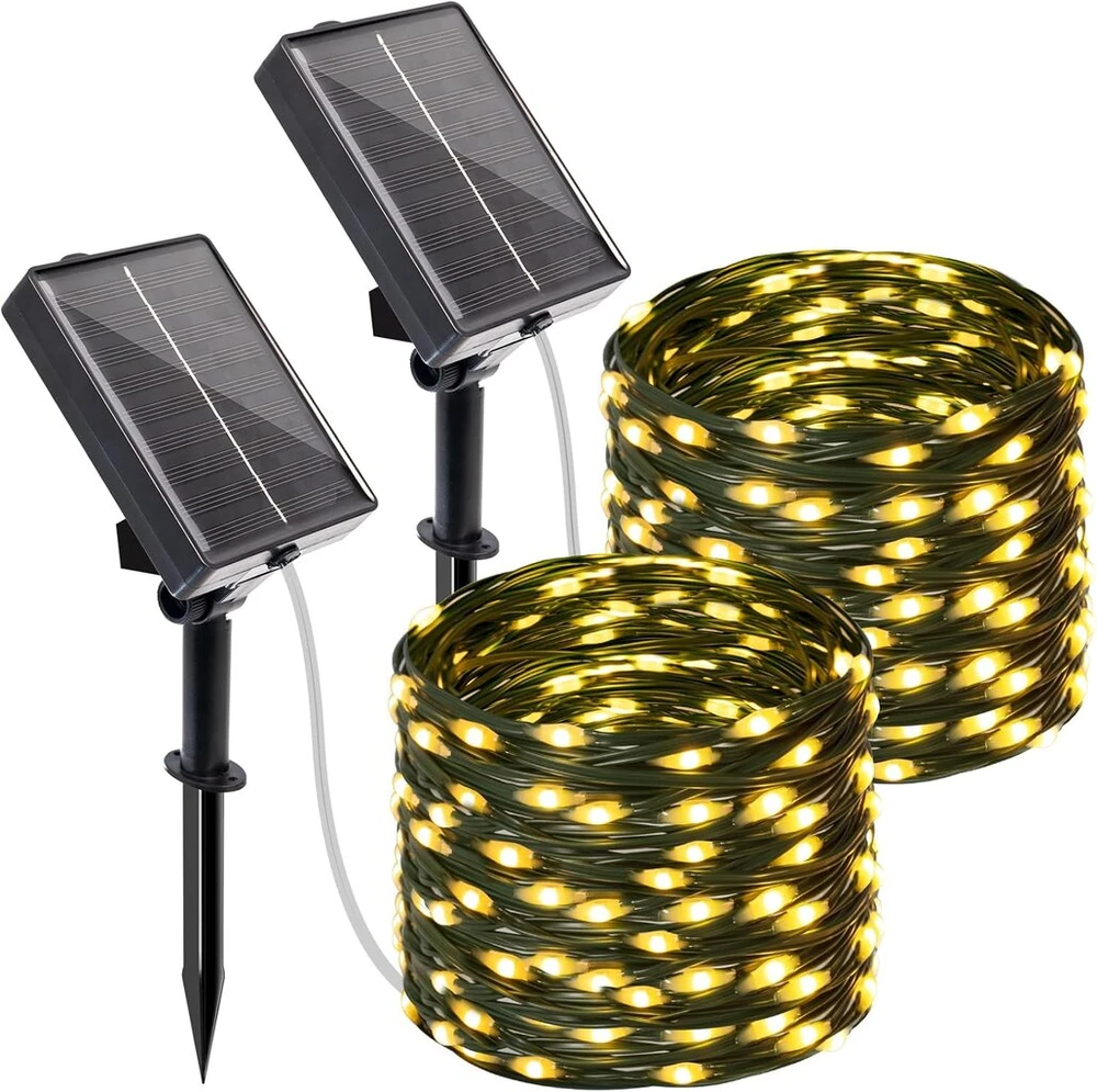 Btfarm 2 vnt. saulės energija įkraunamų lauko girliandų su laikmačiu, 10 m 100 Led lauko girliandų, atsparios oro sąlygoms, 8 režimai, Ip65 atsparios vandeniui saulės energija įkraunamos lauko girliandos sodui, tvorai, medžiui, kiemui, balkonui