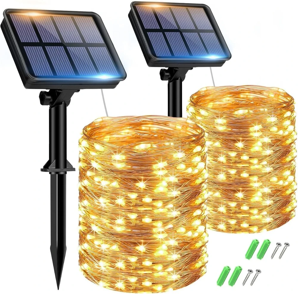 Btfarm saulės energija varomos lauko girliandos, 2 x 15 m 150 led saulės energija varomos lauko girliandos, atsparios oro sąlygoms, 8 režimai, ip65 atsparios vandeniui varinės vielos girliandos, skirtos sodui, terasai, medžiui, kiemo vakarėliui