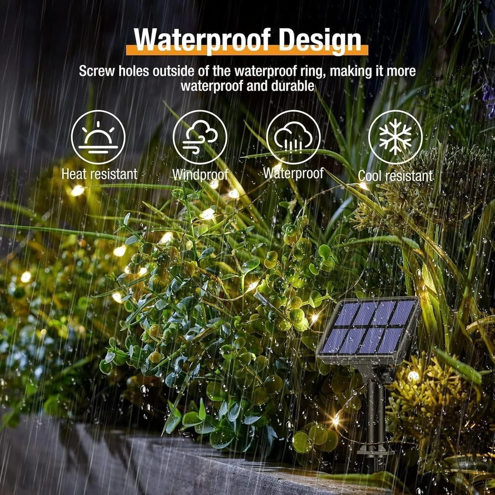 Btfarm saulės energija varomos lauko girliandos, 2 x 15 m 150 led saulės energija varomos lauko girliandos, atsparios oro sąlygoms, 8 režimai, ip65 atsparios vandeniui varinės vielos girliandos, skirtos sodui, terasai, medžiui, kiemo vakarėliui