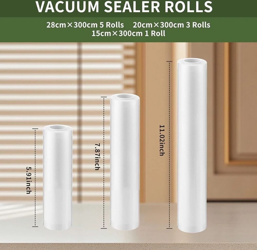 Bucomtu Vakuuminio sandariklio maišeliai ritiniuose, 9 vnt., 28/20/15 x 300 cm, vakuuminis maišelis, vakuuminiai maišeliai, maisto sandarinimo plėvelė vakuuminiams sandarikliams, be Bpa, atsparūs plyšimui