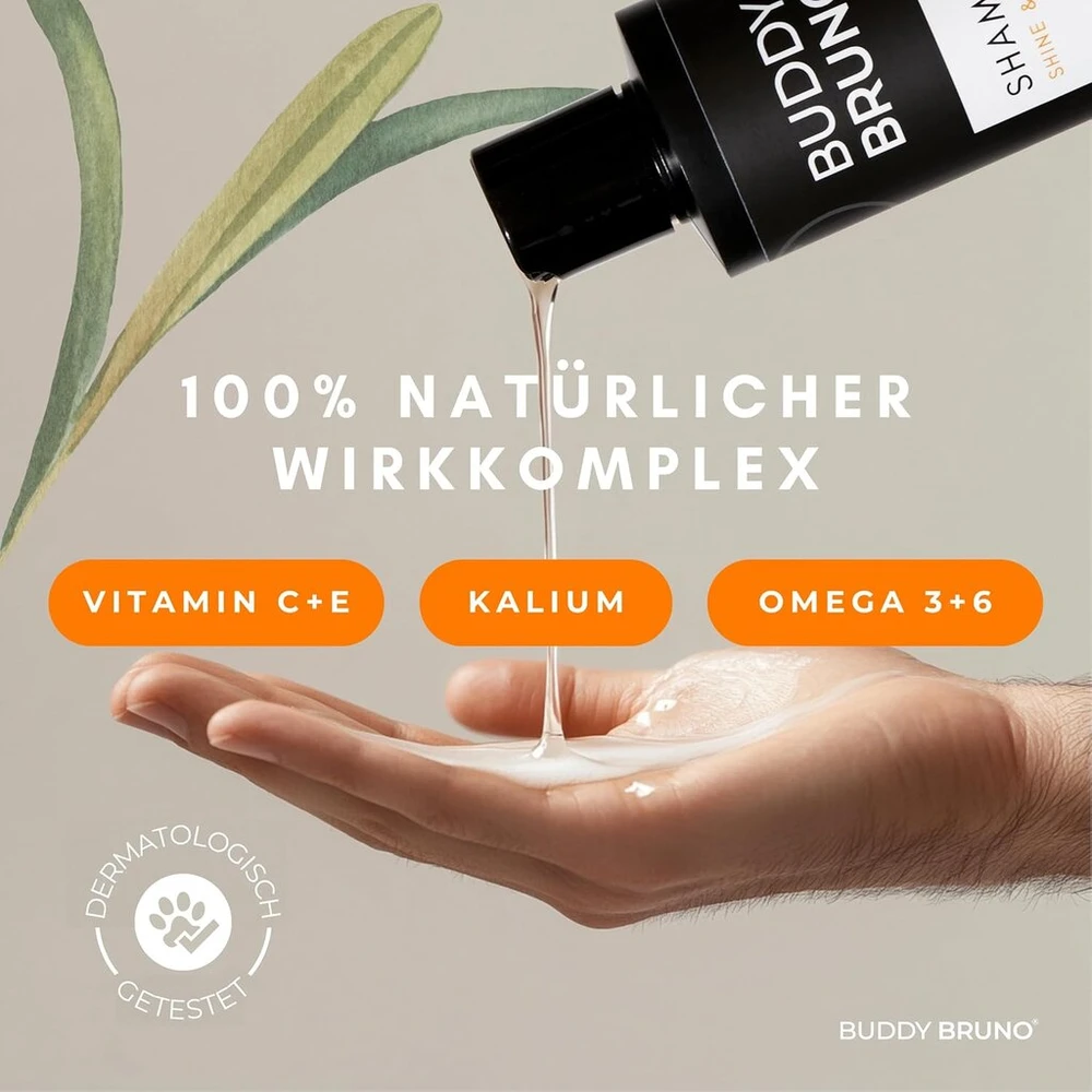 Buddy Bruno® Šampūnas jautriems šunims | Su vitaminais + natūrali priežiūra su šaltalankių ekstraktu | Veganiškas | Atstato odą ir kailį | Apsaugo nuo kvapų ir niežulio, dermatologiškai patikrintas | 250 ml