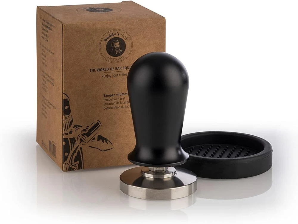 Buddy´s Bar - Barista Edition, Premium grūstuvas, kavos kompresorius, pagrindo skersmuo 53 mm, aukštis: 10 cm, nerūdijantis plienas, espresso štampas 53 mm portafiltrui, kavos grūstuvas su silikoniniu kilimėliu, juodas