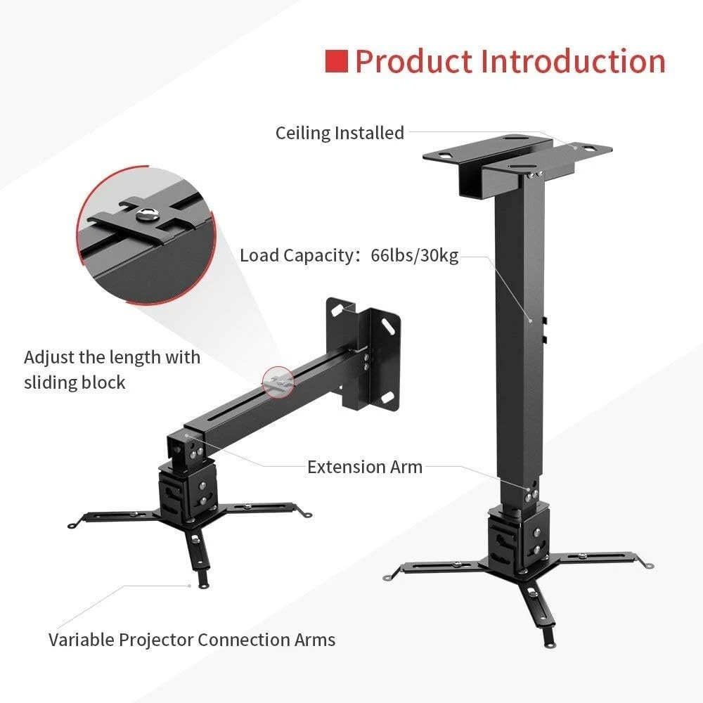 Bufan universalus projektoriaus lubų laikiklis, universalus projektoriaus lubų/sieninis laikiklis, pakreipiamas, didelė mechaninė apkrova 20 kg