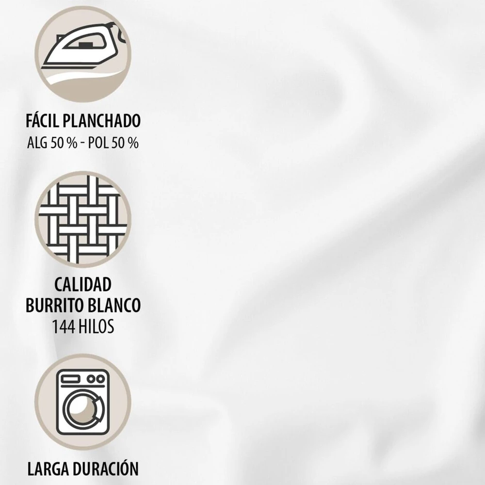 Burrito Blanco patalynės komplektas iš medvilnės mišinio vienai lovai, 150 cm pločio (+ galimi dydžiai), 3 dalių (antklodės užvalkalas, pagalvės užvalkalas ir paklodė su guma), natūrali balta 241 (150 x 190/200 cm)