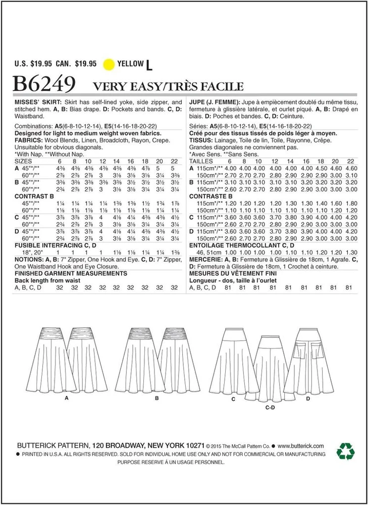 Butterick Patterns 6249 E5, sijonas moterims, dydžiai 14-16-18-20-22