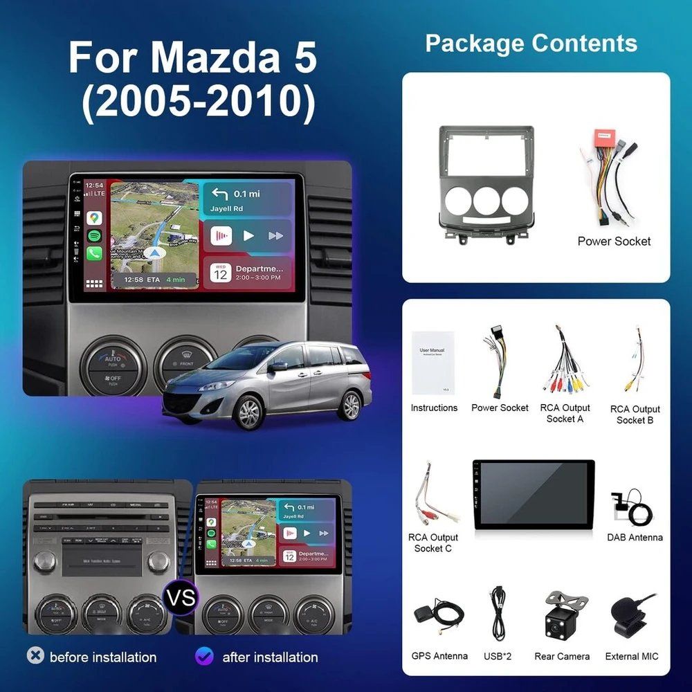 Automagnetola Bxliyer - įmontuotas Dab - android 14 ips automobilinis radijas mazda 5 (2005-2010) radijo gps navigacijai - carplay android auto - 4g + 64g - kamera mic - vairo valdymas bluetooth wifi - ips 9 colių