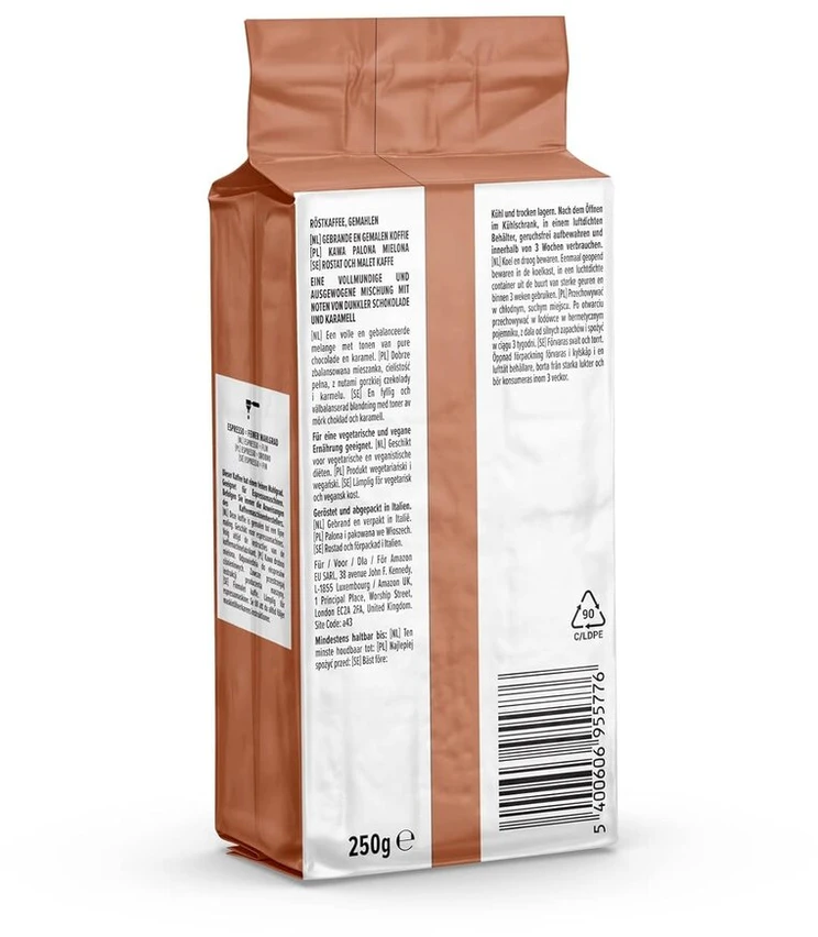 By Amazon malta kava Espresso Crema, šviesaus skrudinimo granulės, 1kg, 4 pakuotės po 250 g - Rainforest Alliance sertifikatas