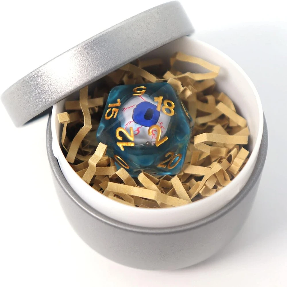 Byhoo d20 dnd kauliukas su raudona akimi metalinėje dėžutėje, kauliukas su kraujo išlieta akimi, dnd 5 priedai, stalo žaidimas, unikali dovana pradedantiesiems vaidmenų žaidėjams