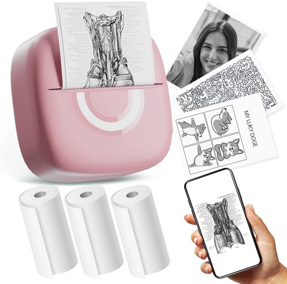 Cabaro mini spausdintuvas lipdukų spausdintuvas nuotraukų spausdintuvas su 3 ritinėliais bluetooth terminis spausdintuvas mokymuisi, studijų užrašams, anatomijos diagramoms, nuotraukoms