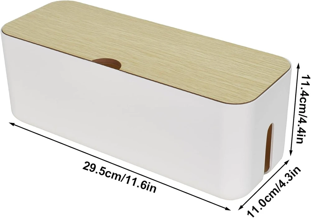 Cable Management Box Organiser, didelė juoda kabelių dėžė, medinis dangtelis kabelių laikymo dėžė, kabelių slėpimo dėžė pagaminta iš Abs plastiko stalui, maitinimo juostoms, palaidiems laidams 29,5 x 11,4 x 11 cm