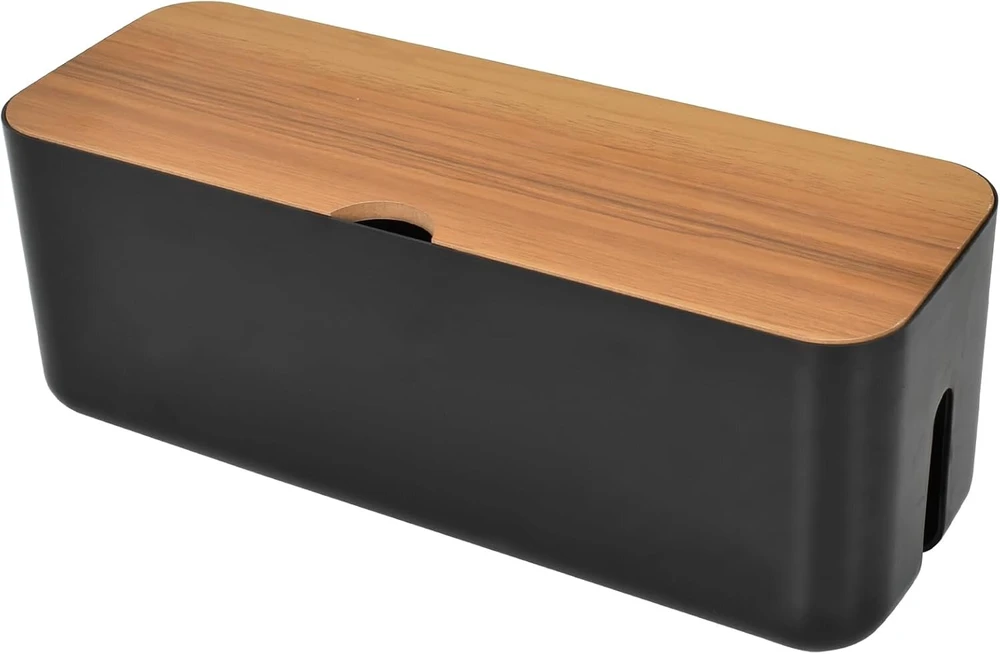 Cable Management Box Organiser, didelė juoda kabelių dėžė, medinis dangtelis kabelių laikymo dėžė, kabelių slėpimo dėžė pagaminta iš Abs plastiko stalui, maitinimo juostoms, palaidiems laidams 29,5 x 11,4 x 11 cm