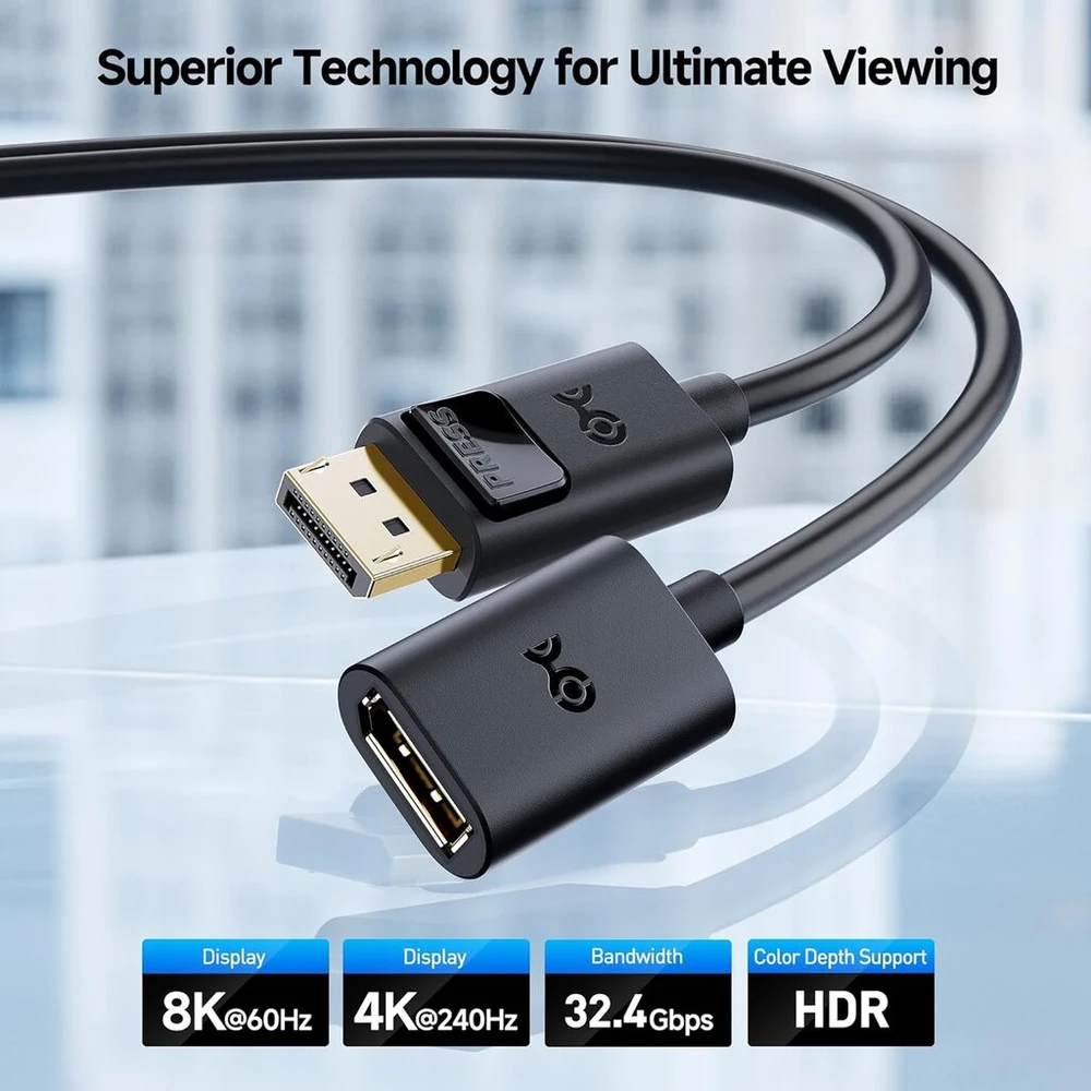 Cable Matters Displayport į Displayport ilgintuvas (dp kištukas į Dp lizdą, Displayport ilgintuvas) skirtas 8k, 4k, 1440p, 1080p (full Hd) - juodas 1.8 m