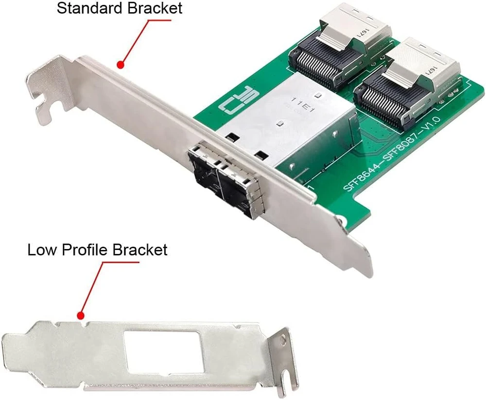 Cablecc dviejų prievadų mini sas hd sff-8644 į vidinį mini sas sff-8087 pcba moterišką adapterį su žemo profilio laikikliu