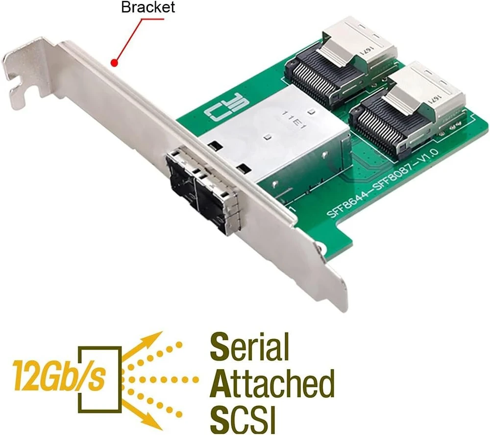 Cablecc dviejų prievadų mini sas hd sff-8644 į vidinį mini sas sff-8087 pcba moterišką adapterį su žemo profilio laikikliu
