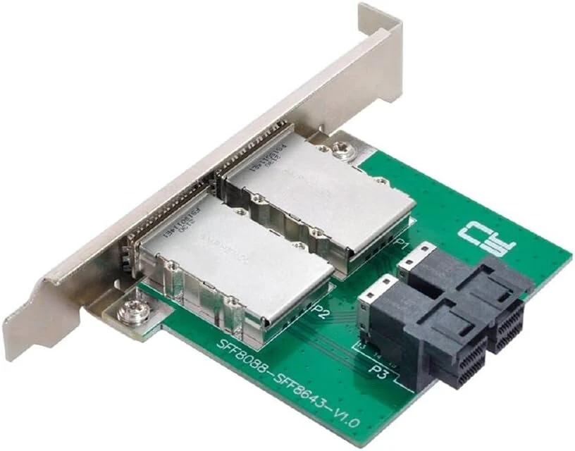 Cablecc dviejų prievadų mini sas sff-8088 į vidinį sas hd sff-8643 pcba moterišką adapterį su žemo profilio laikikliu